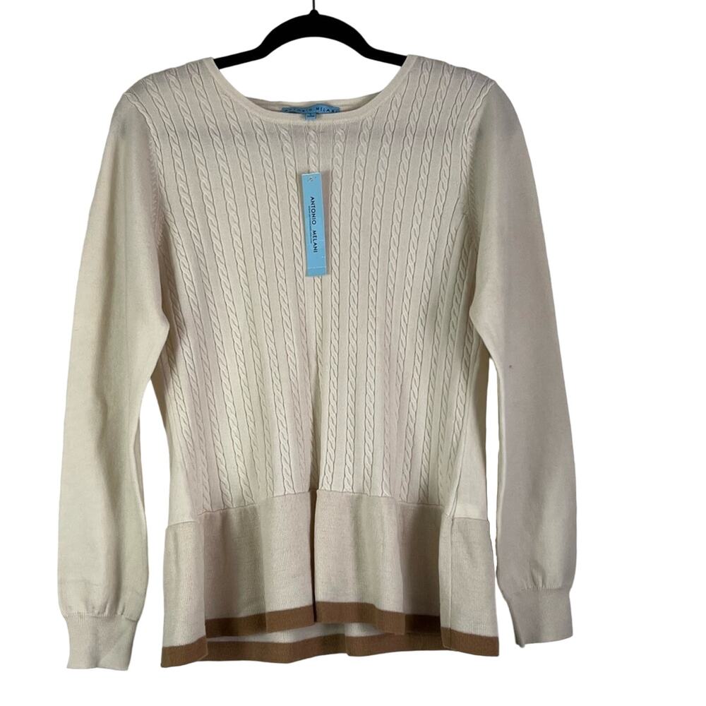 Antonio Melani Sweater Women Wool L Peplum Melantha Knit Ivory camel Long Sleeve